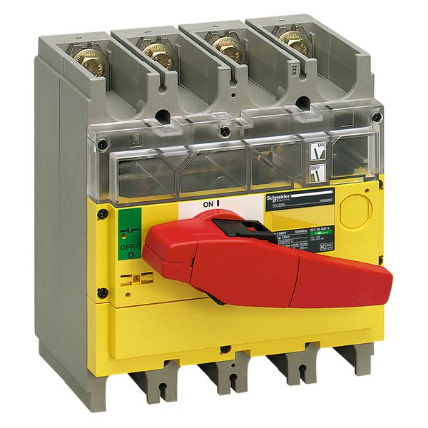 switch disconnector, Compact INV630, visible break, 630 A, with red rotary handle and yellow front, 4 poles image 1