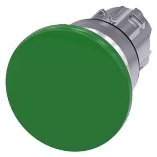 3SU1050-1BD40-0AA0-Z Y10 Mushroom pushbutton, 22 mm, round, metal, shiny, green, 40 mm, momentary contact type, with laser labeling, upper case and lower case, always upper image 1