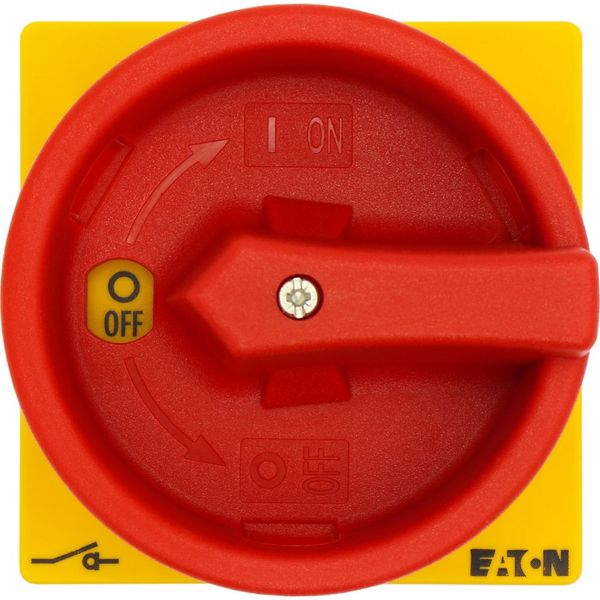 Main switch, T0, 20 A, rear mounting, 1 contact unit(s), 2 pole, Emergency switching off function, With red rotary handle and yellow locking ring, Loc image 35