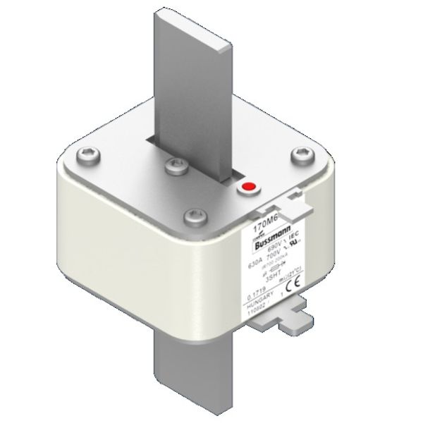 Fuse-link, high speed, 630 A, AC 690 V, DIN 3, aR, DIN, IEC, single indicator, live gripping lugs image 2