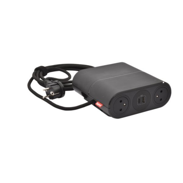 Incara Link'On mobile multi-socket extension cord equipped with 4 x 2P+T sockets, 2 x USB Type-A+C chargers with black finish with cord image 1