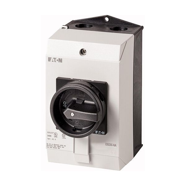 Main switch, P1, 32 A, surface mounting, 3 pole, 1 N/O, 1 N/C, STOP function, With black rotary handle and locking ring, UL/CSA image 12