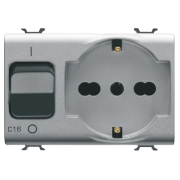 INTERLOCKED SWITCHED SOCKET-OUTLET - 2P+E 16A P40 - WITH MINIATURE CIRCUIT BREAKER 1P+N 16A - 230V ac - 3 MODULES - TITANIUM - CHORUSMART. image 1
