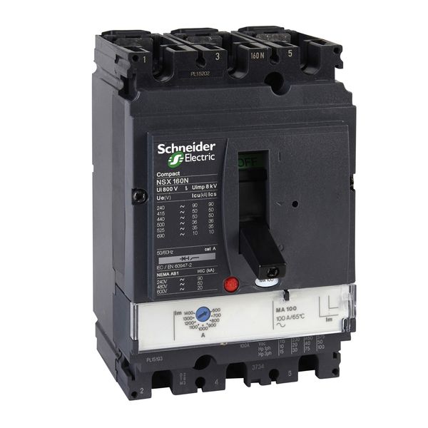 circuit breaker ComPact NSX160N, 50 kA at 415 VAC, MA trip unit 100 A, 3 poles 3d image 3