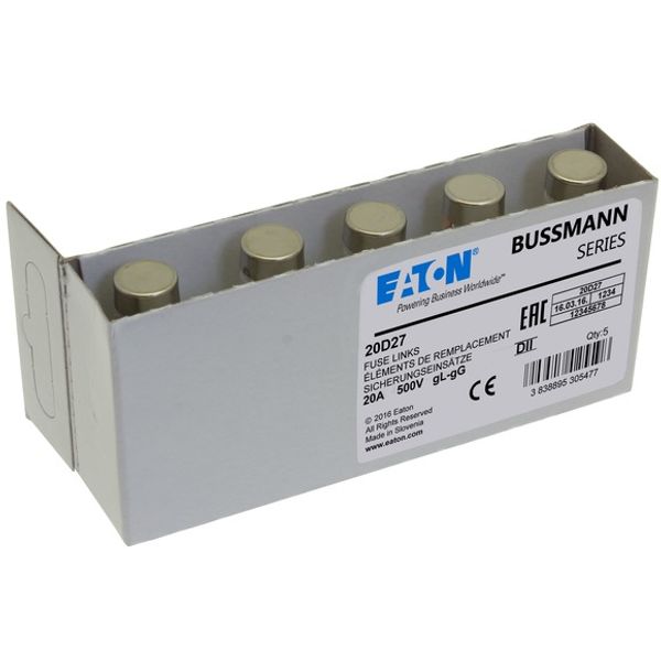 Fuse-link, LV, 20 A, AC 500 V, D2, gL/gG, IEC, time-delay image 1