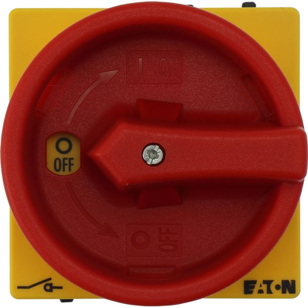 Main switch, P1, 40 A, flush mounting, 3 pole, Emergency switching off function, With red rotary handle and yellow locking ring, Lockable in the 0 (Of image 1