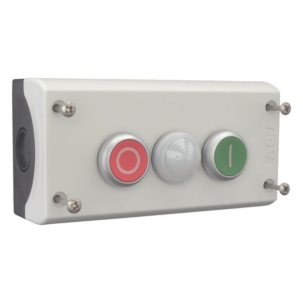 Housing, Pushbutton actuators, Indicator lights, Enclosure, momentary, 2 NC, 2 N/O, Screw connection, Number of locations 2, Grey, inscribed, Bezel: t image 8