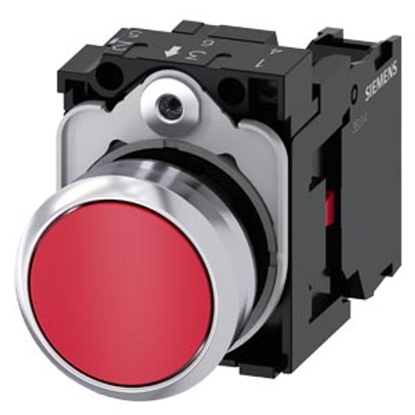 Pushbutton, 22 mm, round, metal, shiny, red, pushbutton, flat, momentary contact type, with holder, 1 NC,  3SU1150-0AB20-1CA0-Z Y10 image 2