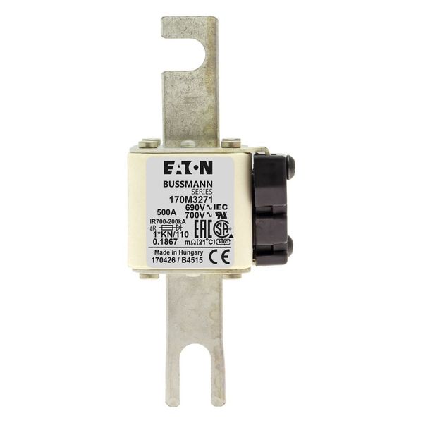 Fuse-link, high speed, 500 A, AC 690 V, compact DIN 1, 45 x 58 x 134 mm, aR, DIN, IEC, type K indicator, 110 mm centres image 16