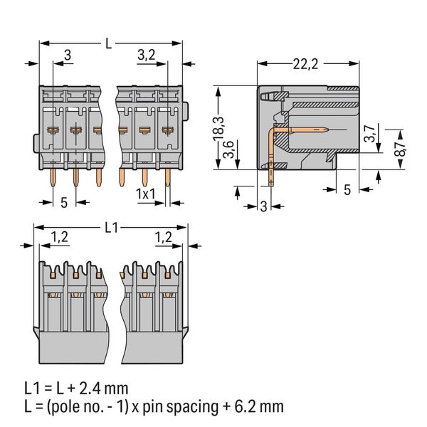 THT male header 1.0 x 1.0 mm solder pin angled gray image 2