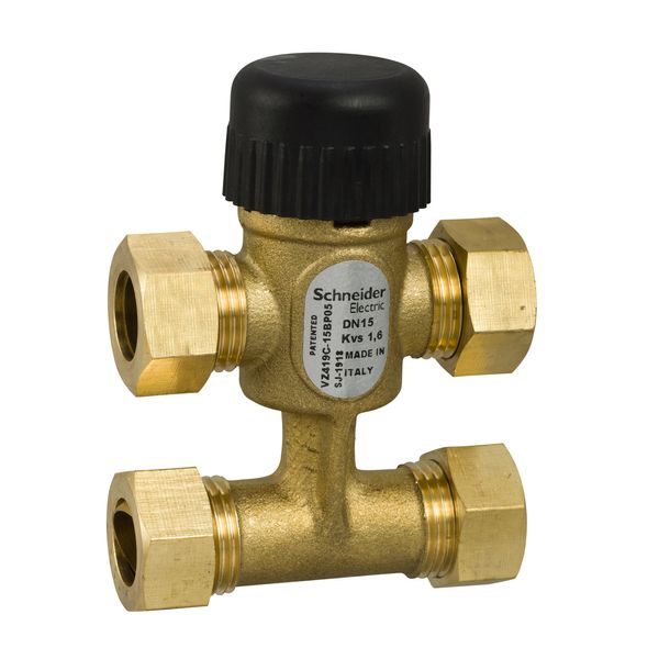 VZ419C Zone Valve, 3-Way with Bypass, PN16, DN15, 15mm O/D Compression, Kvs 2.0 m³/h, M30 Actuator Connection, 5.5 mm Stroke, Stem Up Closed image 1