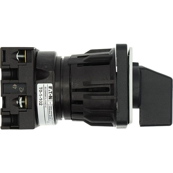 On-Off switch, T0, 20 A, centre mounting, 1 contact unit(s), 2 pole, with black thumb grip and front plate image 3