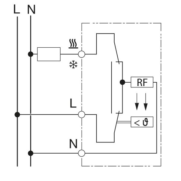 UP room controller, RAL9016 matt 55x55, 5-30C, AC 230V, 1CO, 10A/5A, heating/cooling switch image 3