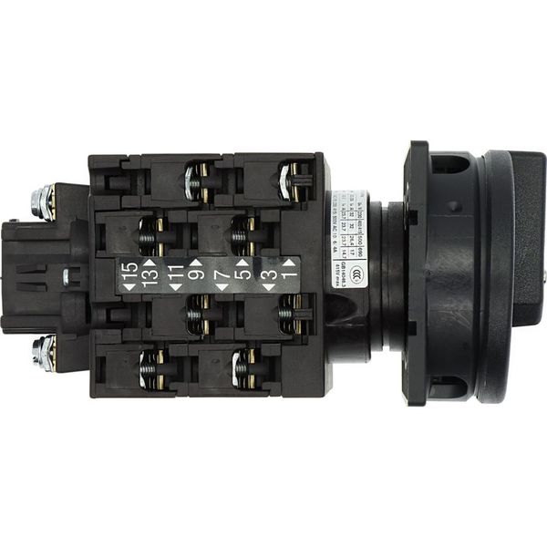 Main switch, T3, 32 A, flush mounting, 4 contact unit(s), 6 pole, 1 N/O, 1 N/C, STOP function, With black rotary handle and locking ring, Lockable in image 38
