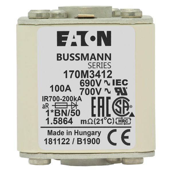 Fuse-link, high speed, 100 A, AC 690 V, compact size 1, 45 x 59 x 51 mm, aR, IEC, UL, visual indicator, flush end, M8 image 9