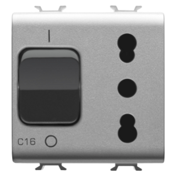 INTERLOCKED SWITCHED SOCKET-OUTLET - 2P+E 16A P17/P11 - WITH MINIATURE CIRCUIT BREAKER 1P+N 16A - 230V ac - 2 MODULES - TITANIUM - CHORUSMART. image 1