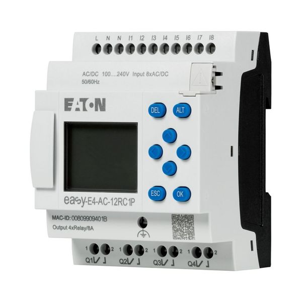 easyE4 control relay, basic unit with display (expandable, Ethernet), 100–240 VAC, 100–240 VDC (cULus: 100–110 VDC), digital inputs: 8, digital output image 11