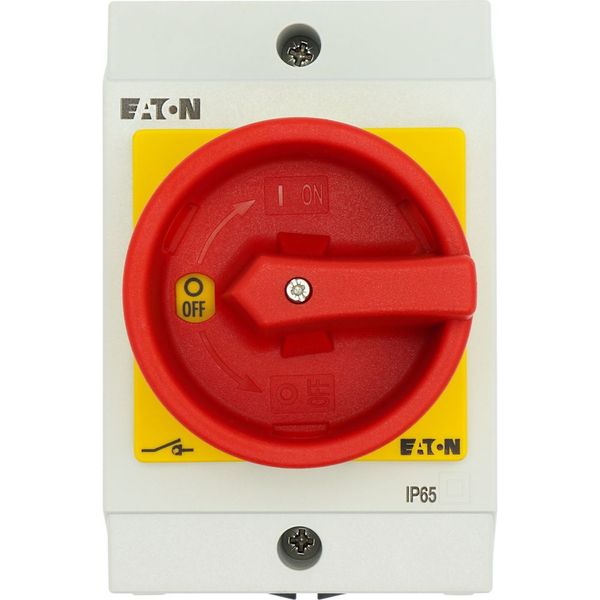 Main switch, T0, 20 A, surface mounting, 3 contact unit(s), 3 pole, 2 N/O, 1 N/C, Emergency switching off function, With red rotary handle and yellow image 22