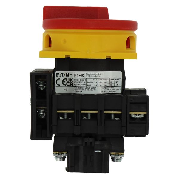 Main switch, P1, 40 A, flush mounting, 3 pole + N, 1 N/O, 1 N/C, Emergency switching off function, With red rotary handle and yellow locking ring, Loc image 30