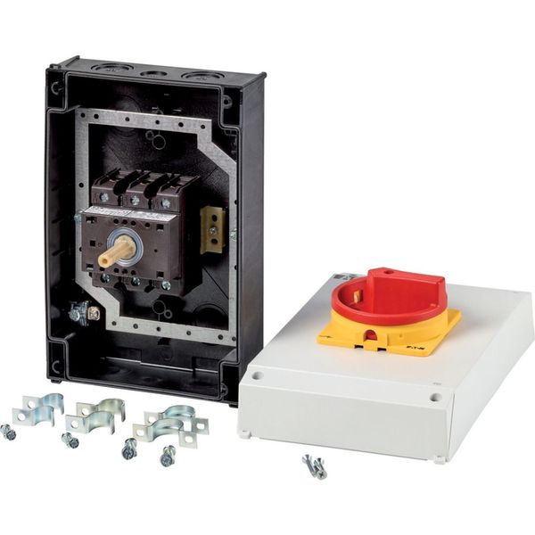 Main switch, P3, 63 A, surface mounting, 3 pole, Emergency switching off function, With red rotary handle and yellow locking ring, Lockable in the 0 ( image 4