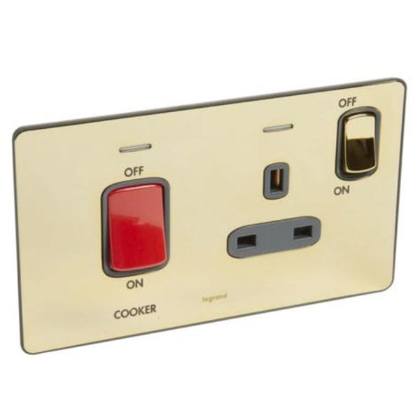 Synergy™ Sleek - 2gang double pole switch 45A + BS 13A switched socket outlet cooker marking Glossy gold image 1