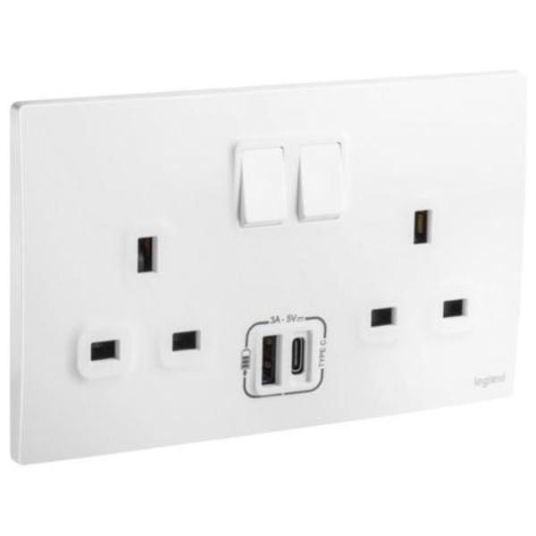 281136MW Mallia Senses 2 gang BS switched socket outlet single pole - 13A - with 3000mA A and C types USB chargers image 1