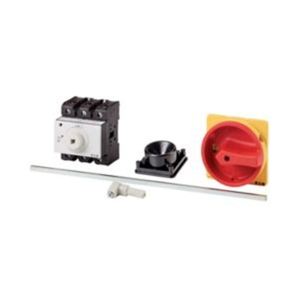 Main switch, P3, 100 A, rear mounting, 3 pole, Emergency switching off function, With red rotary handle and yellow locking ring, Lockable in the 0 (Of image 2