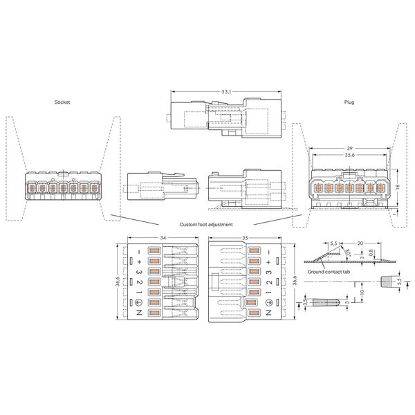 Male connector with connect. for ground;7-pole;;white image 2