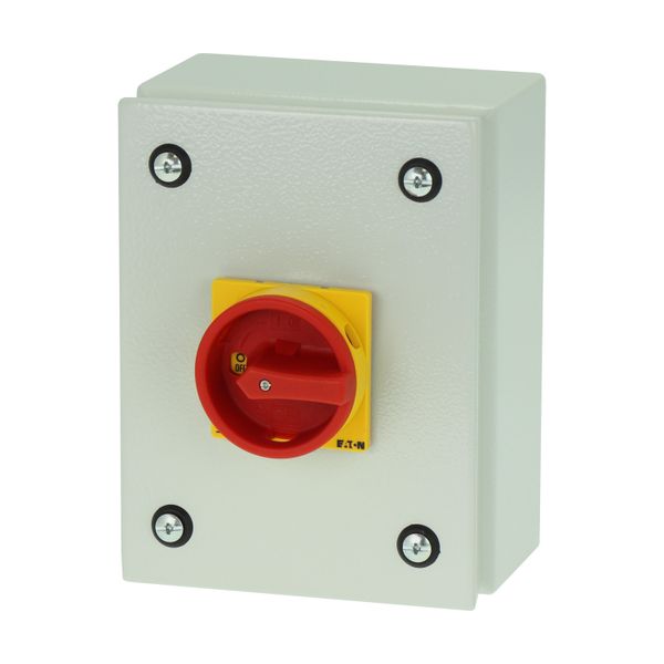 Main switch, P1, 40 A, surface mounting, 3 pole, Emergency switching off function, With red rotary handle and yellow locking ring, Lockable in the 0 ( image 5