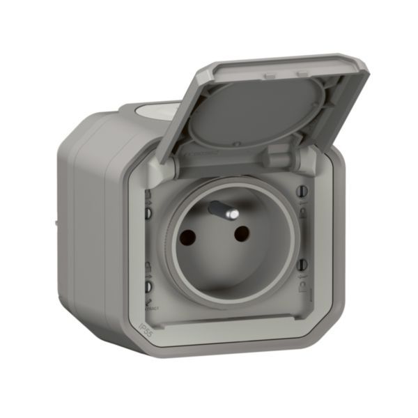 Waterproof earthed socket with shutter Plexo 16A 250V supplied complete for mounting in exposed grey - plug-in packaging image 1