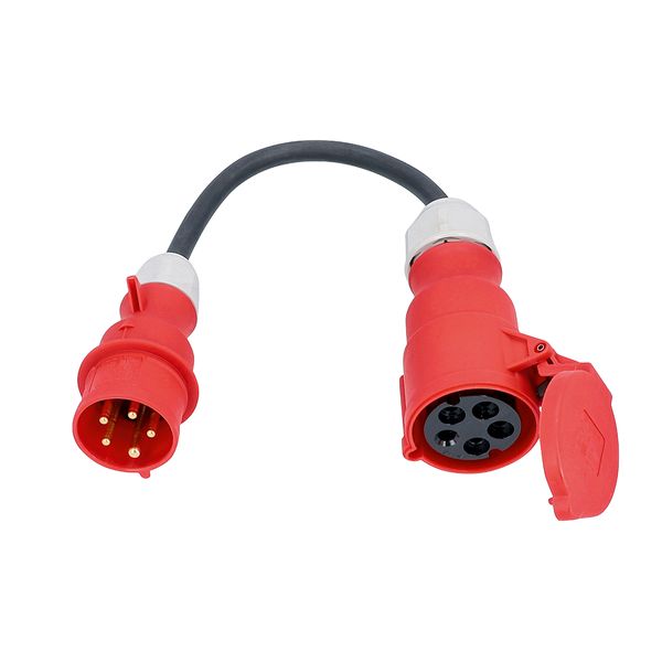 CEE adapter cable 
0,3 m H07RN-F 5G2,5
1st side: CEE plug red 400V 16A 5pole #61420
2nd side: CEE socket red 400V 32A 5pole #61427
in polybag with label image 1