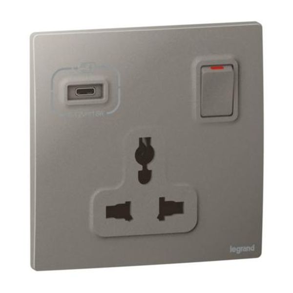 Mallia Senses - 1 gang Multistandard switched socket outlet - with USB C 18W charger - Dark Silver image 1