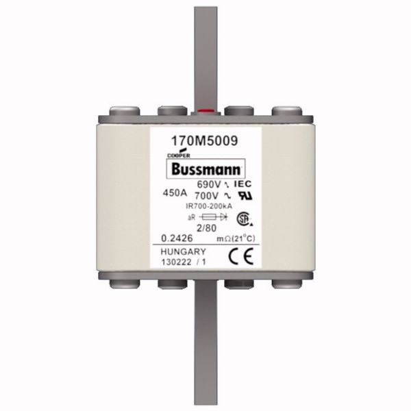 Fuse-link, high speed, 450 A, AC 690 V, DIN 2, 61 x 61 x 108 mm, aR, DIN, IEC, single indicator, 80 mm centres image 1