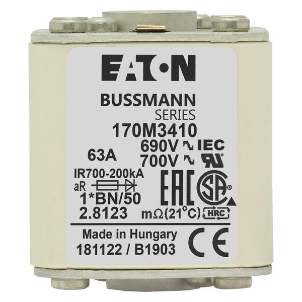 Fuse-link, high speed, 63 A, AC 690 V, compact size 1, 45 x 59 x 51 mm, aR, IEC, UL, single indicator, flush end, M8 image 18