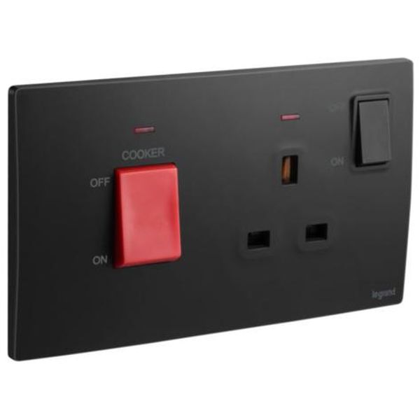 Mallia Senses - 2 gang cooker unit control - 45A - with BS socket outlet - 13A - Matt Black image 1