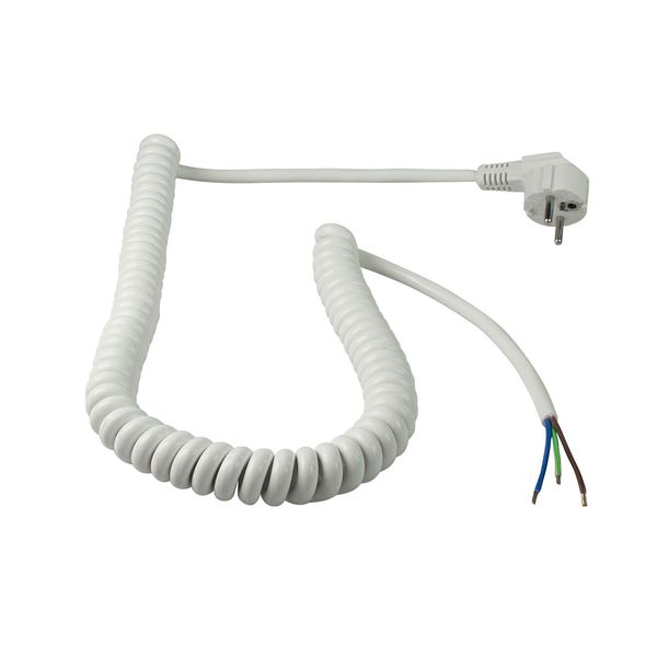 PU spiral power cord whiteexpandable up to 2,5 m1st side:  2 P+E angled plug 2nd. side: 60mm stripped sheath with crimped metal sleeves on conductor ends250 V/16Ain polybag with label image 1