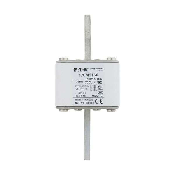 Fuse-link, high speed, 1000 A, AC 690 V, DIN 2, 61 x 61 x 108 mm, aR, DIN, IEC, single indicator, 110 mm centres image 10