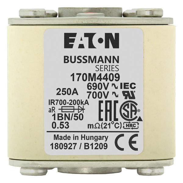 Fuse-link, high speed, 250 A, AC 690 V, size 1, 53 x 69 x 51 mm, aR, IEC, UL, single indicator, flush end, M8 image 9