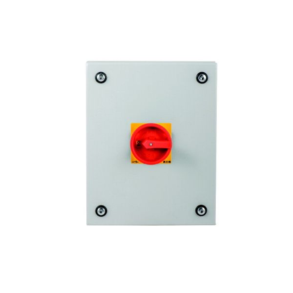 Main switch, T3, 32 A, surface mounting, 4 contact unit(s), 8-pole, Emergency switching off function, With red rotary handle and yellow locking ring, image 1