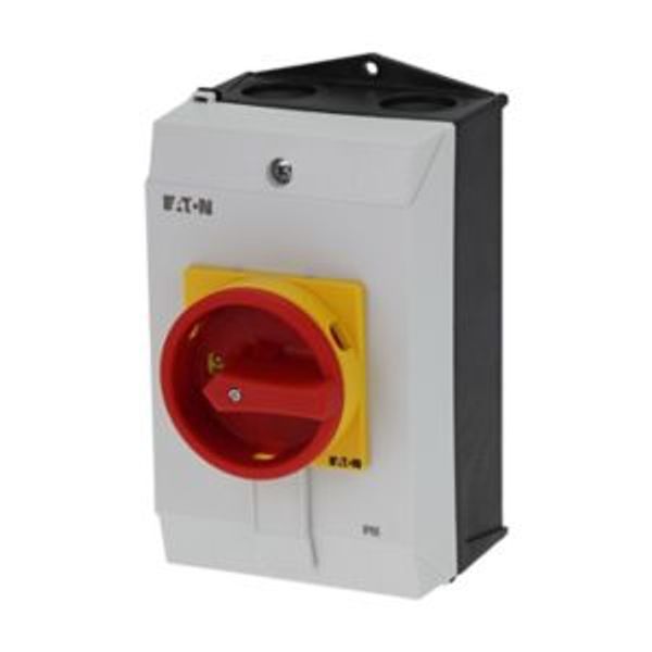 Main switch, P1, 40 A, surface mounting, 3 pole, Emergency switching off function, With red rotary handle and yellow locking ring, Lockable in the 0 ( image 4