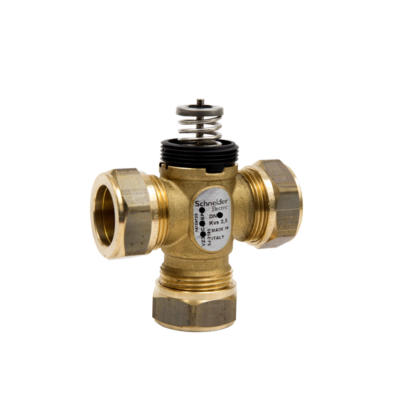 VZ308C Zone Valve, 3-Way, PN16, DN15, 15 mm O/D Compression, Kvs 0.25 m³/h, M30 Actuator Connection, 2.5 mm Stroke, Stem Up Closed image 1