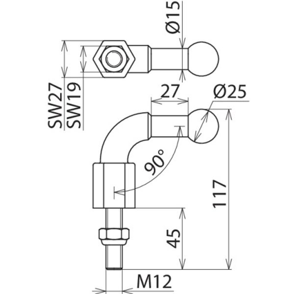 Fixed ball point D=25mm, angled (90°) with threaded bolt and nut M12x4 image 2