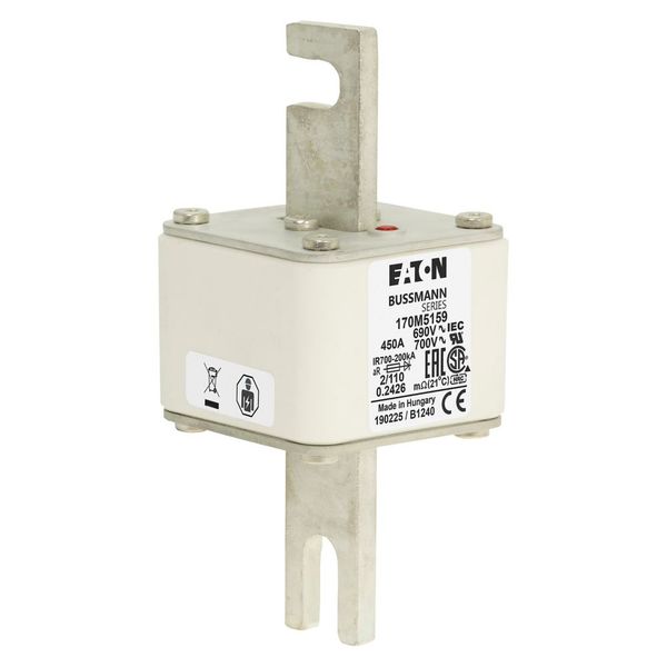 Fuse-link, high speed, 450 A, AC 690 V, DIN 2, 61 x 61 x 108 mm, aR, DIN, IEC, single indicator, 110 mm centres image 14