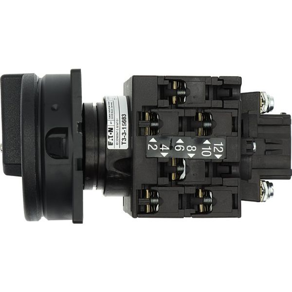 Main switch, T3, 32 A, flush mounting, 3 contact unit(s), 3 pole, 2 N/O, 1 N/C, STOP function, With black rotary handle and locking ring, Lockable in image 10