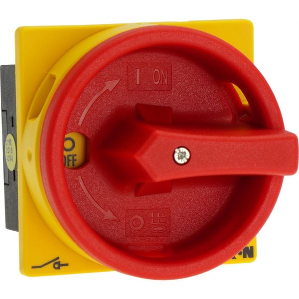 Main switch, T0, 20 A, flush mounting, 1 contact unit(s), 2 pole, Emergency switching off function, With red rotary handle and yellow locking ring image 29