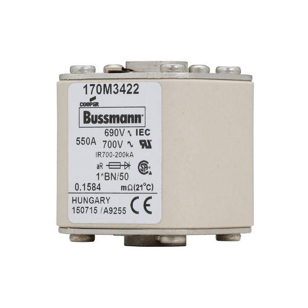 Fuse-link, high speed, 550 A, AC 690 V, compact size 1, 45 x 59 x 51 mm, aR, IEC, UL, single indicator image 9