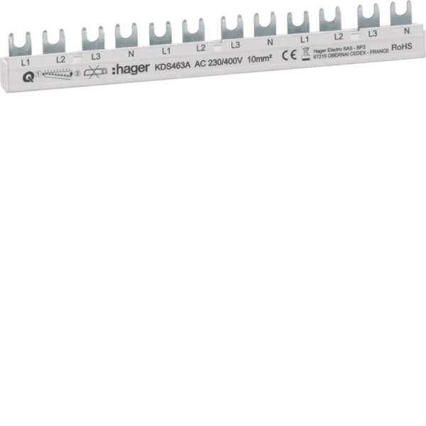 Hřebenová přípojnice 4P, 63A, 10mm2/12mod. k propojení 3 ks 4pól. přístrojů image 1