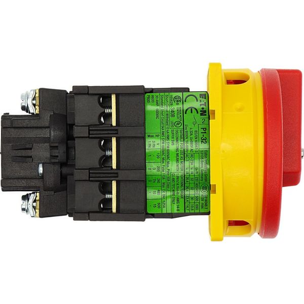 Main switch, P1, 32 A, flush mounting, 3 pole, Emergency switching off function, With red rotary handle and yellow locking ring, Lockable in the 0 (Of image 32
