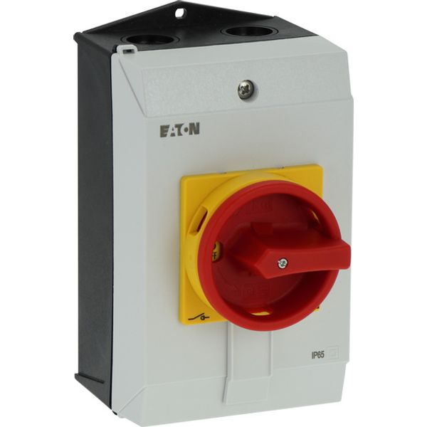 Main switch, P1, 40 A, surface mounting, 3 pole + N, Emergency switching off function, With red rotary handle and yellow locking ring, Lockable in the image 2