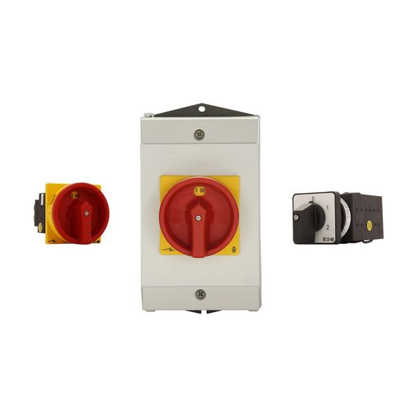 Main switch, T5B, 63 A, flush mounting, 4 contact unit(s), 6 pole, 1 N/O, 1 N/C, STOP function, With black rotary handle and locking ring, Lockable in image 4